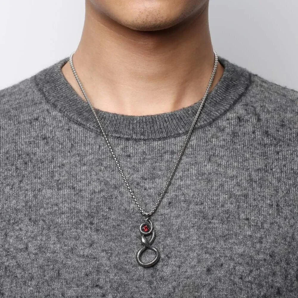 Men's  Black CZ Snake Silver Gothic Stainless Steel Snake Pendant Jewelry Chain
